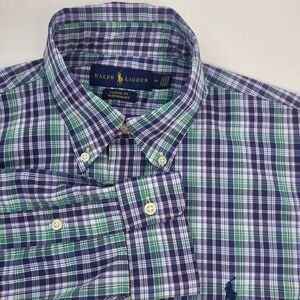 Polo Ralph Lauren Shirt Mens Medium Green Blue Plaid Nylon Classic Performance